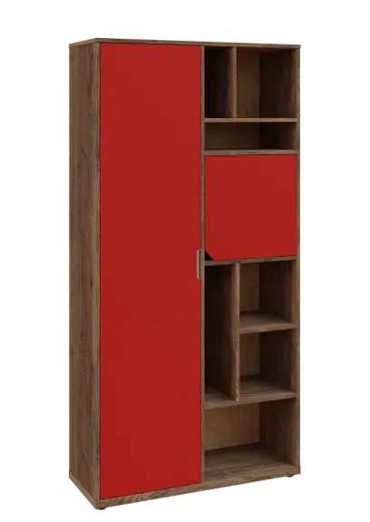 KSR6-83 L skříň šatní, 1x výsuvné ramínko, dvířka, niky, 2053x1022x400 mm, provedení levé, dub halifax cínový/červená